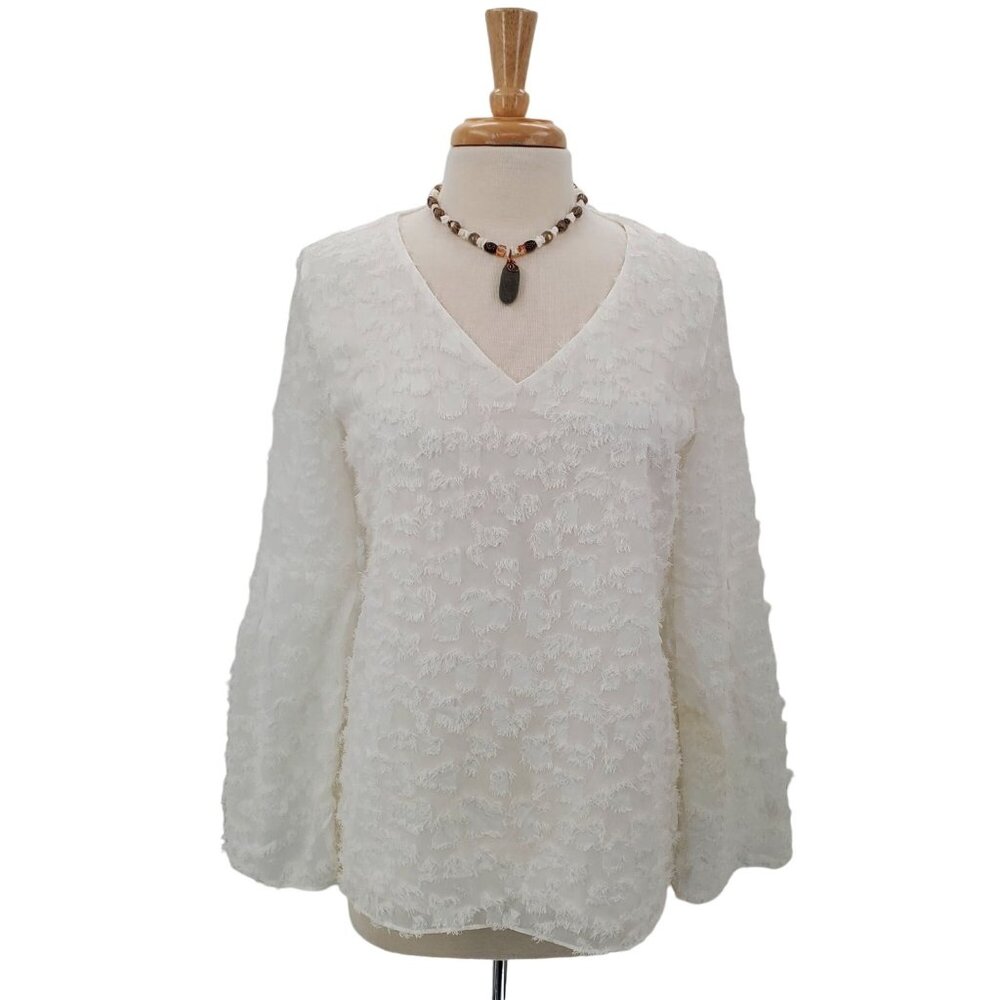 DKNY Womens Fringe Bell Sleeve Blouse Size M White V-Neck Long Sleeve Boho‎ NWT